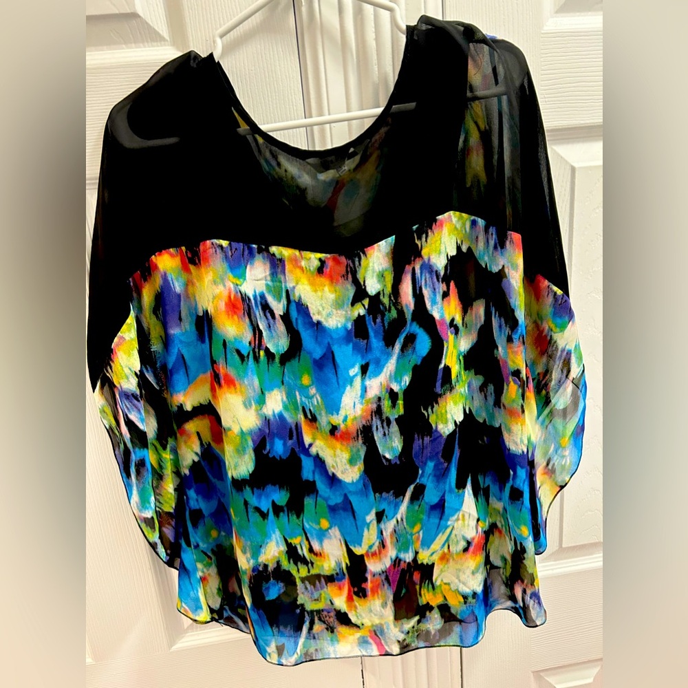Watercolour print blouse with sheer layer over built in satiny tank top